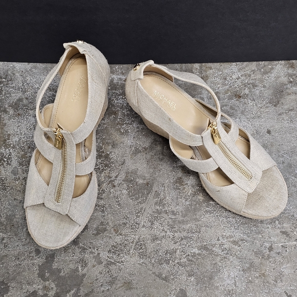 Michael Kors Berkley Beige Wedge Sandals w/ Gold Zipper - Picture 1 of 5